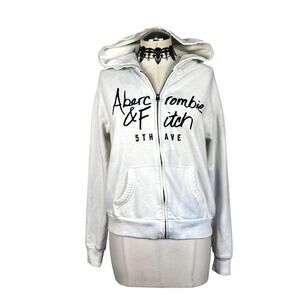 Y2k Abercrombie & Fitch White Embroidered Spellout Zip Up Hoodie Grunge Preppy